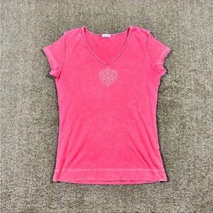 Women's xcit usa Pink V-Neck Short Sleeve Top with Heart Detail